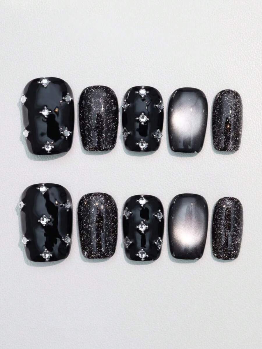 10pcs Pure Handmade Press Short Square Nails Black Nails Y2k Cool Personalized Fasion Hot Girl Style Cat Eye Delicate Small Rhinestones For Women And Girl,Fall Winter Festivals Halloween Party And Daily Life Use Nail Supplies - Black - View 1