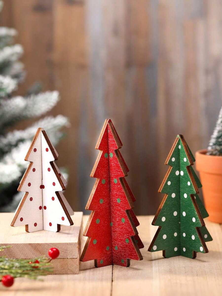 Juego de árboles de Navidad - 3 piezas de decoraciones de escritorio de madera con estampado de lunares, adecuado para centro de mesa festivo y decoración navideña de bandeja escalonada. 3 piezas de árboles de Navidad rústicos de mesa, decoración navideña rústica de granja para el hogar, centros de mesa navideños para mesa pequeña, árboles de Navidad para bandejas escalonadas (estilo de lunares 3D). - Multicolor - Ver 1