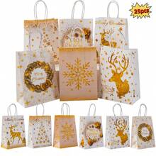 25pcs White & Gold Christmas Gift Bags, Party Handled Paper Bags With Reindeer & Snowflake Wreath Design, Suitable For Birthday, Anniversary, Garden Celebration, Christmas Gifts, Gift Sets, Christmas Themed Parties, Sturdy Paper Bag Material, Suitable For Christmas, Wedding Gifts, Online Gift Packaging