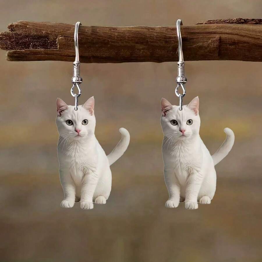 1 Pair Cute 2D Acrylic White Cat Cartoon Earrings, Suitable As Gift
