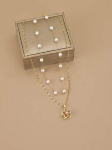 2 piezas Elegante y exquisito conjunto de collar de mujer con flor giratoria de perla de acero inoxidable, joyería de acero inoxidable impermeable, collar dorado, joyería de alta calidad chapada en oro, collar de otoño, regalo de cumpleaños, regalo para parejas, regalo de pareja, regalo