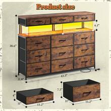 Tech-Enhanced Modern Dresser With Charging Hub & Ambient LED Lighting And 12 Customizable Fabric Drawers With 10MM Protective Acrylic Surface,Rustic Brown - View 5