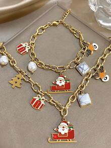 2 Stücke/1 Stück 18 Karat vergoldetes Edelstahl-Set mit Weihnachtsanhänger und Armband für Damen, süßer Weihnachtsmann-Rentierbaum, Weihnachtsgeschenk, Party-Geschenk, Muttergeschenk, Weihnachts- und Erntedankgeschenk, Schmuckgeschenk zum Jahrestag, Valentinstag, Boho-Schmuck, Alltagsparty