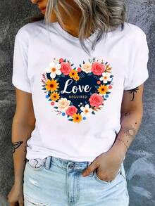 Camiseta Corazón Floral "Love Required" - Para Citas o Días Especiales, Algodón 100% Fresco, Diseño Romántico,playeras navideñas,blusas elegantes dama,blusas curvy mujer. - Blanco - Ver 1