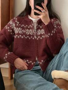 复古甜美雪花图案插肩袖双拉链针织开衫