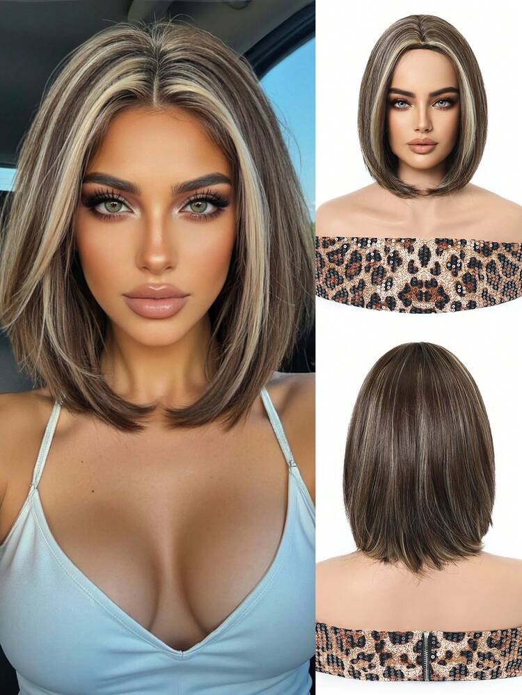 Peluca corta de bob ondulado de 10 pulgadas con reflejos, peluca de cabello sintético resistente al calor, adecuada para uso diario, fiestas, se ajusta a una circunferencia de cabeza de 53-58 cm - Resaltar marrón - Añade 2