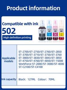 兼容 502 墨水瓶，适用于爱普生兼容 502 墨水补充瓶（非升华墨水），适用于 ET-2850 ET-3830 ET-3850 ET-2700 ET-3800 ET-3850 ET-2760 ET-15000 ET-2750 打印机