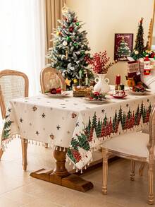 1 szt. świąteczny obrus, czerwony, zielony, biały, wzór choinki, beżowa koronka, zmywalny, dekoracja domu, obrus imprezowy, odpowiedni do kuchni, jadalni, spotkań towarzyskich, kolacji, przyjęć świątecznych, dekoracji noworocznych, artykułów świątecznych, prezentów, dekoracji jesiennych, wesołych świąt