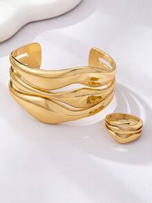 2 件套（1 个几何水滴手镯和 1 个几何水滴厚戒指），复古别致金色几何水滴设计手镯和厚戒指首饰套装，复古氛围，持久色彩，适合女性日常佩戴、节日、聚会、派对、情侣礼物 - 金色 - 查看 4
