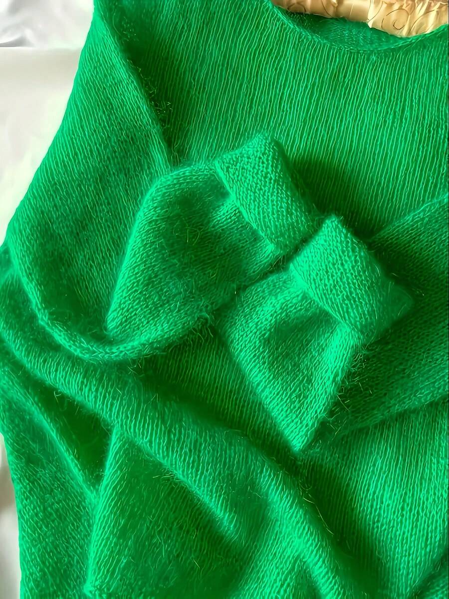 Plus Size Women's Solid Color Round Neck Long Sleeve Casual Loose Sweater, Super Soft & Comfortable Mohair, Suitable For Summer, Spring, Valentine's Day, Elegant Dress - Green - View 1