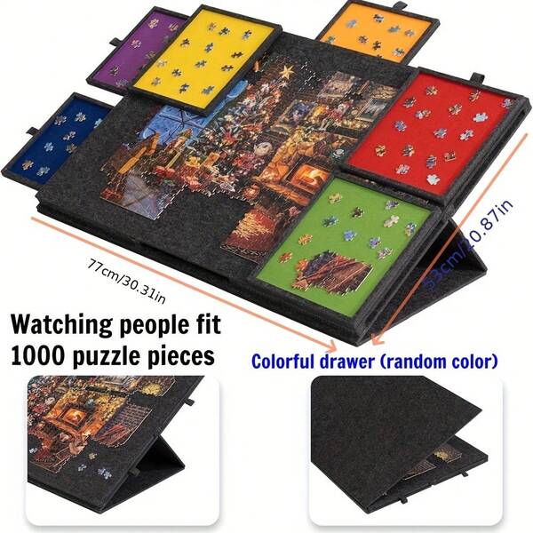 1 conjunto de tapetes de quebra-cabeça, tabuleiro de quebra-cabeça inclinado com 1000/1500 peças com suporte e capa 2 em 1, tabuleiro de quebra-cabeça leve com 6 gavetas, mesa de armazenamento de quebra-cabeça de feltro portátil para adultos - dois tamanhos disponíveis