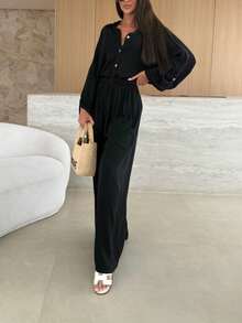 女士纯色休闲前扣宽松衬衫和裤子两件套 黑色 春季 - 黑色 - 查看 6