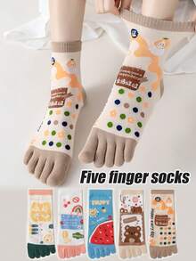 1/3/5 双女式卡通图案分趾袜，时尚中筒袜，百搭可爱长袜，适合春、秋、冬 - 彩色 - 查看 6