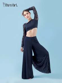 DonsGirl Komplet damski: koronkowy top z odkrytymi ramionami i szerokie spodnie – do aerial jogi, występów baletowych i baletu klasycznego oraz do noszenia na co dzień