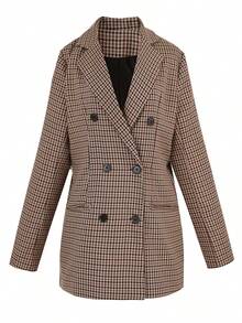 Giacca casual a doppio petto con stampa a quadri da donna, manica lunga, autunnale