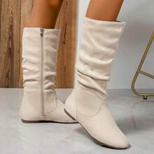 Women's Soft Suede Low Heel Mid Calf Boots| Fall Outdoor Footwear With Side Zipper & Non-Slip Sole - Flat Boots,Slouch Boots For Women-2025 - 米色 - 查看 11