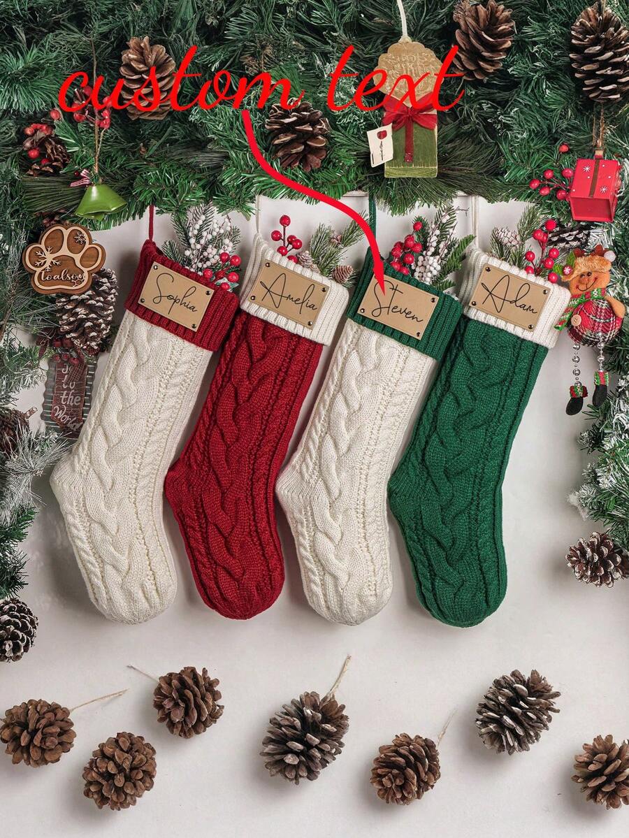1pc Personalized Family Christmas Stockings, 2025 Family Stockings With Customized Names, Leather Patch Knitted Socks, Custom Holiday Socks, Christmas Gifts - Multicolor - View 1