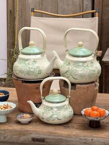 1 set Tetera esmaltada, con fondo blanco y diseño de mariposa y flor, campana antigua, que se puede calentar directamente durante todo el año para hervir agua, teteras, cafeteras, teteras para tostar té alrededor de una estufa y el té de la tarde, y ollas de regalo para dar a familiares y amigos en festivales y cumpleaños