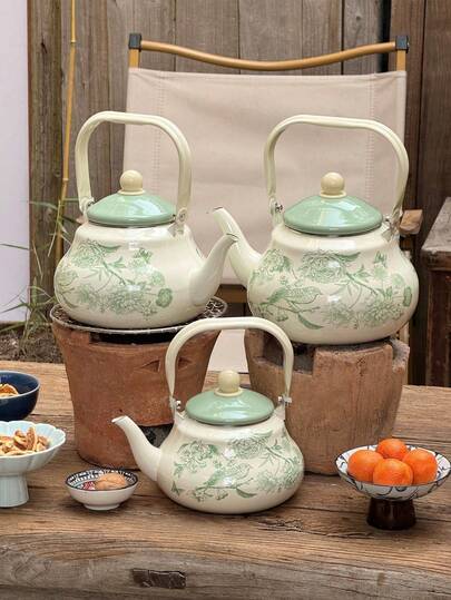1 set Tetera esmaltada, con fondo blanco y diseño de mariposa y flor, campana antigua, que se puede calentar directamente durante todo el año para hervir agua, teteras, cafeteras, teteras para tostar té alrededor de una estufa y el té de la tarde, y ollas de regalo para dar a familiares y amigos en festivales y cumpleaños