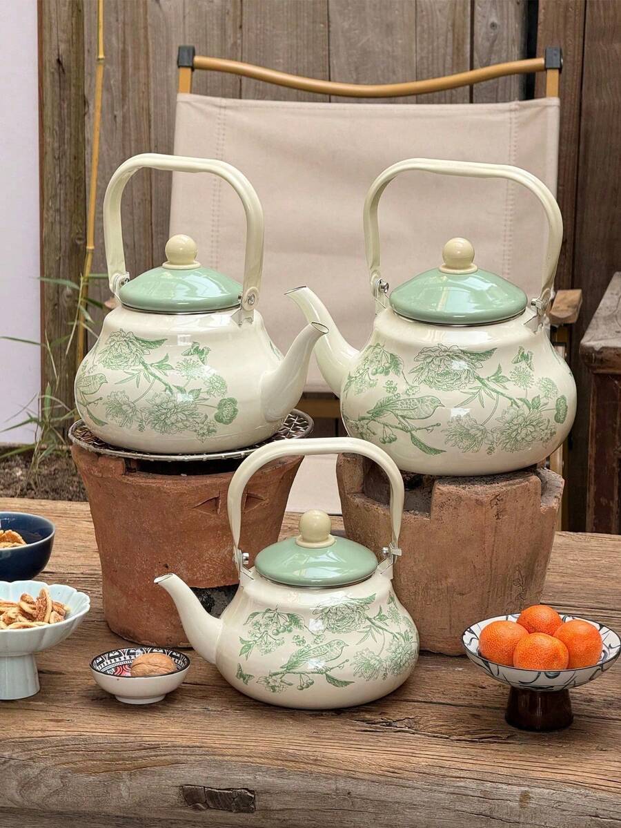 1 set Tetera esmaltada, con fondo blanco y diseño de mariposa y flor, campana antigua, que se puede calentar directamente durante todo el año para hervir agua, teteras, cafeteras, teteras para tostar té alrededor de una estufa y el té de la tarde, y ollas de regalo para dar a familiares y amigos en festivales y cumpleaños