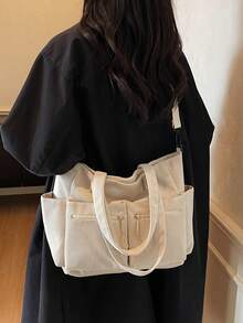 1 件米色多口袋实用手提包，简约时尚，大容量，适合学校/大学生的单肩包，拉链开合，休闲手提包，多功能手提包，通勤和旅行存储解决方案，简约纯色手提包，轻松搭配各种服装 - 米色 - 查看 4