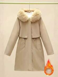 2025 冬季新款女式拼布仿皮草连帽长袖抽绳腰休闲拉链日常度假冬季派克大衣 - 卡其色 - 查看 5