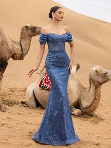 Faeriesty 优雅露肩亮片美人鱼晚礼服，曳地长拖尾——修身喇叭裙摆，精致的全身珠饰，适合红毯活动、奢华婚礼和正式晚宴等春季场合。 - 霧霾藍 - 查看 8