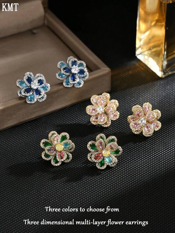 KMT 2 peças de brincos de luxo elegantes com zircônia cúbica incrustada em cobre e dupla camada floral, adequados para festas e acessórios de banquete