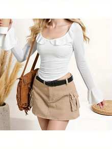 Women T-Shirt Elegant Long Sleeve Crew Neck Solid Slim Fit Ladies Fall Tops Streetwear - Beige - View 5