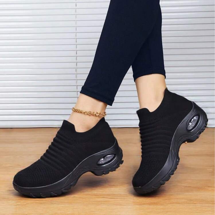 Women's Air Cushion Comfortable Shock Absorption Knitted Tying Slouchy Dance Shoes, Sports & Casual, For Walking Slip-On Shoes For Women - Black - View 9