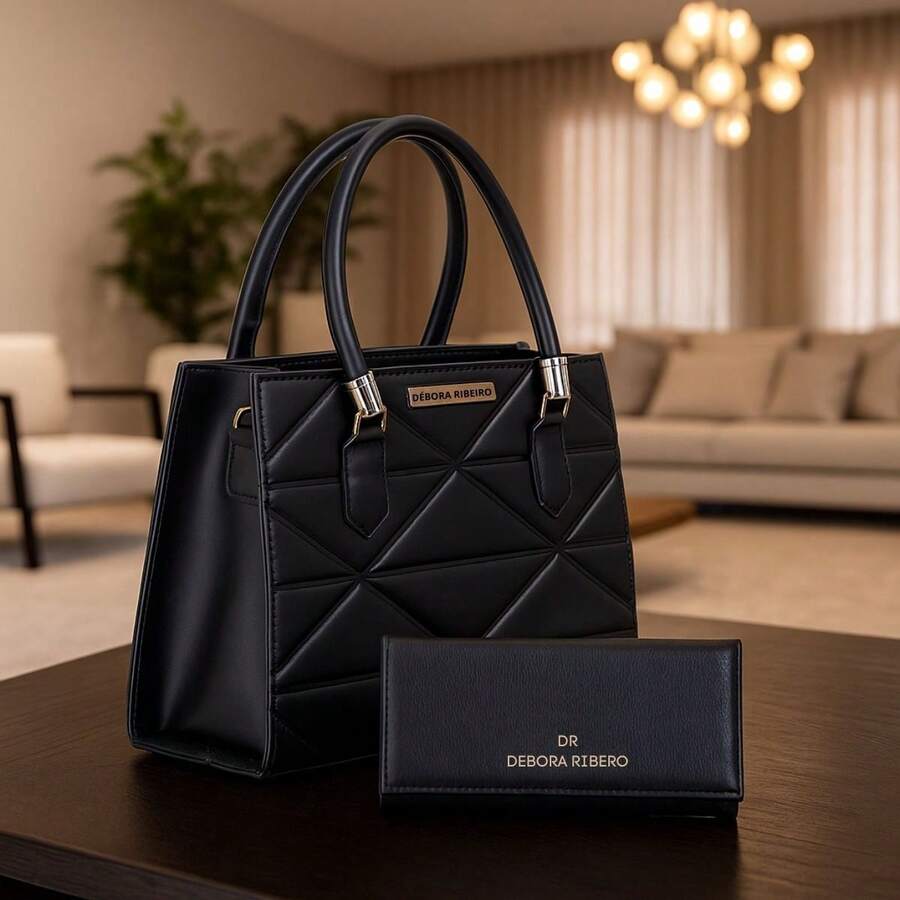 Kit 2 Women's Crossbody Bag With Side Embroidered Luxury Tote And Wallet Shoulder Bag For College Everyday We Ship Fast - 黑色 - 查看 1