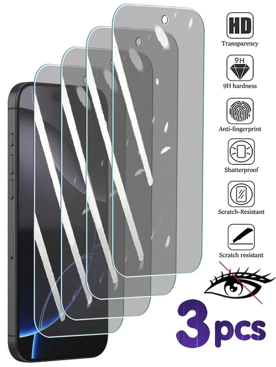 3 pièces Protecteur d'écran en verre trempé de protection de la vie privée plein écran. Protège contre l'espionnage avec un écran anti-regard. Film de protection d'écran compatible avec 17, 16, 15, 14, 13, 12, 11 Pro Max, XS, X, XR, 6, 7, 8, 16, 15, 14 Plus, 12, 13 Mini. Couvercle de protection d'écran en verre clair. Accessoires de protection d'écran de téléphone. Essentiels de protection d'écran, applicables au bouclier quotidien, au bureau, à la vie privée à domicile. Protecteur d'écran de téléphone étanche, antichoc, anti-rayures.
