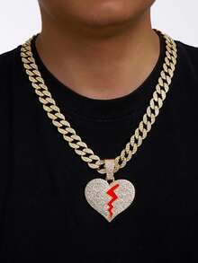 1 قلادة بشكل قلب مكسور بعبارة "لا حب" مرصعة بالراين كاملة مع سلسلة كوبية، هدية موضة هيب هوب للرجال