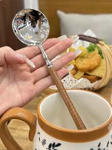 1件/2件/4件装复古木柄勺、木柄不锈钢圆勺、梨木勺、不锈钢餐勺、木制餐勺、不锈钢勺、冰淇淋勺 - 彩色 - 查看 7