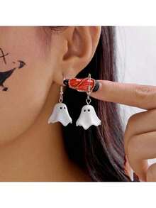 1 Pair Of Ghost Cartoon Earrings, Cute Ghost Earrings For Halloween Party - trắng - Xem 1