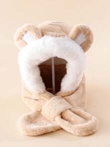 1件儿童可爱猫耳加厚绒耳罩围脖，日常保暖猫爪刺绣针织帽围巾套装