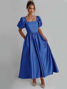 Women's Formal Evening Dress Square Neck Short Puff Sleeves Elegant Long Dress Satin Wedding Dress Bridesmaid Bridal Bridal Cocktail Satin Silk Satin Bachelorette Party Engagement Bride Bridesmaid Bridal Wedding Cocktail Party Formal Prom Bachelorette Engagement