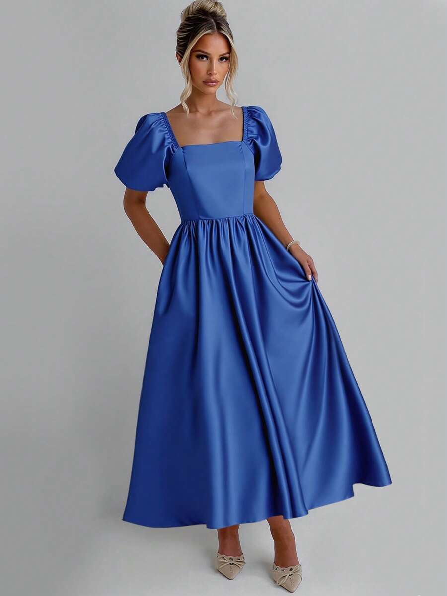 Women's Formal Evening Dress Square Neck Short Puff Sleeves Elegant Long Dress Satin Wedding Dress Bridesmaid Bridal Bridal Cocktail Satin Silk Satin Bachelorette Party Engagement Bride Bridesmaid Bridal Wedding Cocktail Party Formal Prom Bachelorette Engagement