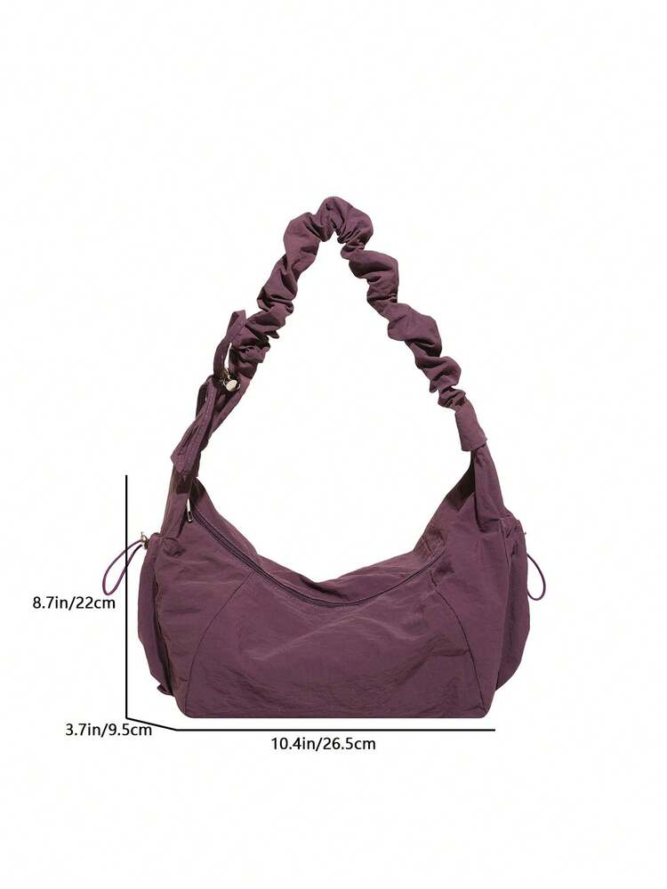 1 pieza Bolso de hombro tipo hobo de estilo bohemio, de tela de nailon con múltiples bolsillos, con pliegues y cordón, suave y holgado, adecuado para compras, ir al trabajo y uso diario de las mujeres, estilo japonés, atuendo bohemio para mujer, color morado, playa - Bold Plum - Ver 4