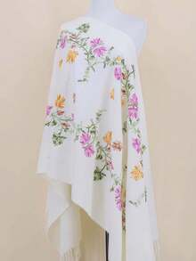 1pc Floral Embroidered Faux Cashmere Scarf, Thick & Warm Bohemian Style Tasseled Shawl For Women - Multicolor - View 4