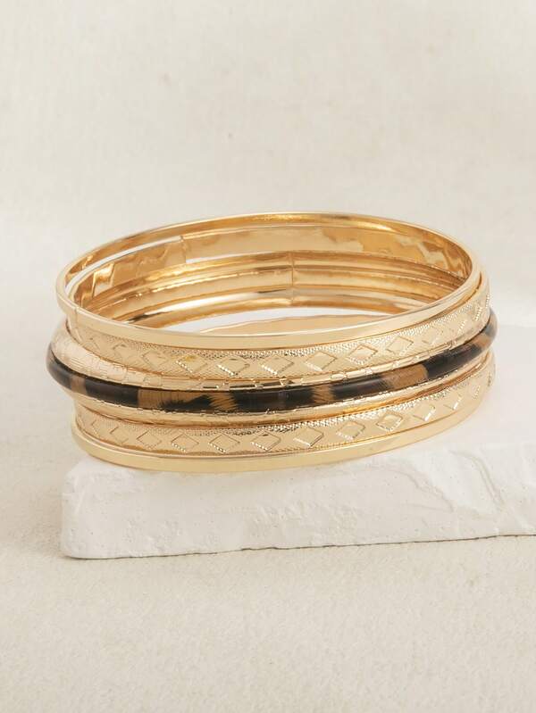 5 أساور معدنية ذات تصميم هندسي أنيق للنساء، بطبعة نمر وشكل ماسي، بتصميم مسطح ومتراص (نمط طبعة النمر عشوائي)