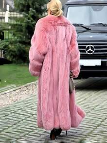 Luxury Women's Long Faux Fur Coat, Oversized Fit, Waterfall Collar, Flowing Winter Outerwear Pink - Hồng - Xem 2