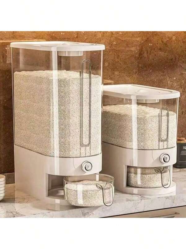 1pc New Plastic Rice Storage Container, Airtight Sealed Grain With Dispenser, Suitable For Kitchen Rice Storage, One-Touch Measured Dispensing, Includes Cup And Insect Repellent Box, Funnel Design To Prevent Clogging, Transparent Window To Check Remaining Quantity, Fits Kitchen Countertop/Corner Storage