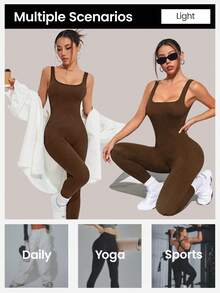 VVX Shapewear Bodysuit For Women Tummy Control Square Neck Seamless Ribbed One Piece Jumpsuit Sleeveless Tank Top Leggings - 棕色 - 查看 4