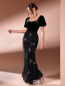 Women's Solid Color Sweetheart Collar Puff Sleeve Dress, Embroidered With Sequins, Sequins And Velvet Patchwork, Soft And Comfortable, Suitable For Banquets, Parties And Gatherings