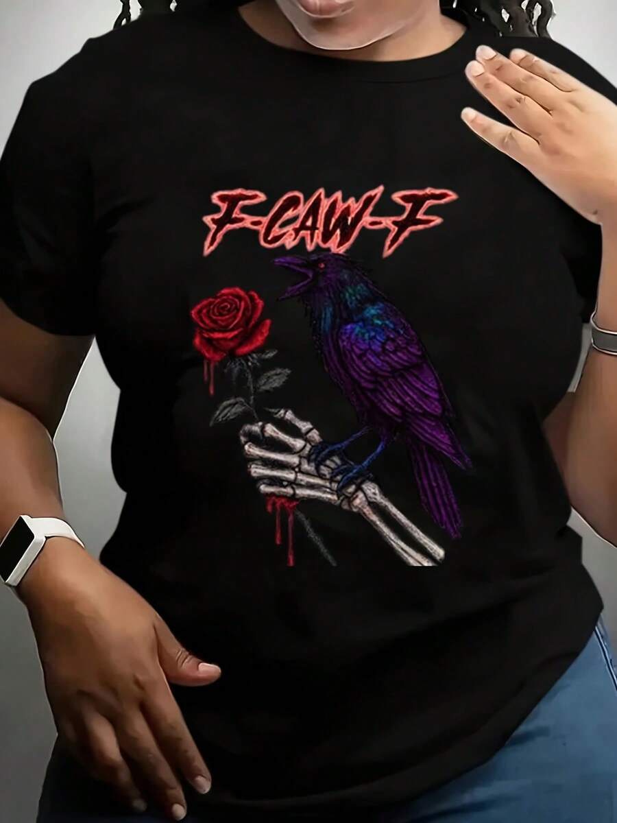 Halloween T-Shirt, Halloween Gothic Raven T-Shirt, Dark Gray Gothic Raven Print T-Shirt, Humor Gothic Raven T-Shirt, F-Caw-F Shirt, Fun F-Caw-F Black Crow Tee, Vintage Gothic Raven Shirt, Casual Crew Neck Tee, Crow Lover Top - 黑色 - 查看 1