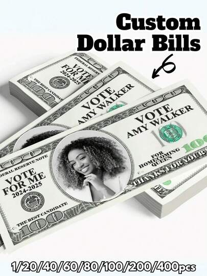20/40/60/80/100/200/400pcs, Custom 100 Dollar Bills For Homecoming Campaign, Homecoming Campaign Money, Fake Money/Your Face On Money, Prom Queen, Vote For Me, Game Money, Personalized Dollars,Multi-Functional, Ornamental,Reusable,Exquisite,Stylish,High-Quality,Colorful,Modern,Custom,Personalized,Unique,Ideal Gifts For Him,Ideal Gifts For Her,Boyfriend,Dad,Girlfriend,Mom,Family,Friends,Tea Room,Home,Garden,Office,For Anniversaries,For Valentine's Day,For Mother's Day,For Birthdays,For Father's Day,For Graduation,For Weddings,For Housewarming,Customized Party Supplies