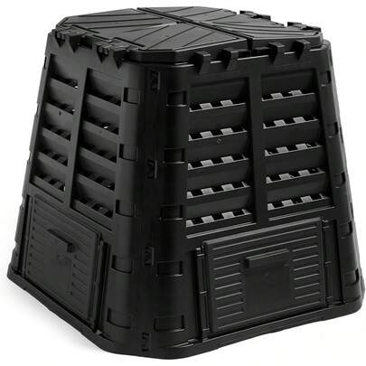 Compost Bin For Garden 480L – Composter With Slatted Design For Aeration, Rainwater Collection, Side Flap & Lid – Outdoor Compost Converter – Frost & UV Resistant - Black