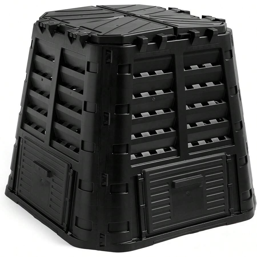 Compost Bin For Garden 480L – Composter With Slatted Design For Aeration, Rainwater Collection, Side Flap & Lid – Outdoor Compost Converter – Frost & UV Resistant - Black - Default - View 1