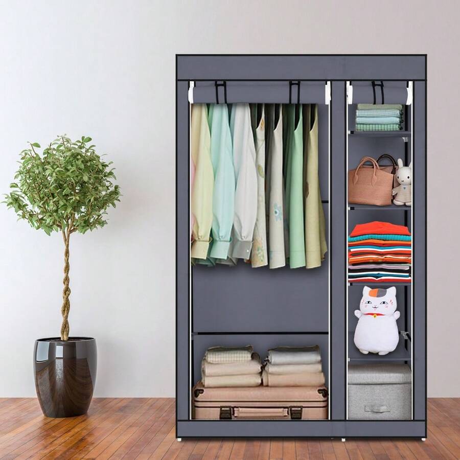 67" Portable Clothes Closet Wardrobe With Non-Woven Fabric And Hanging Rod Quick And Easy To Assemble Gray - Grey - View 1